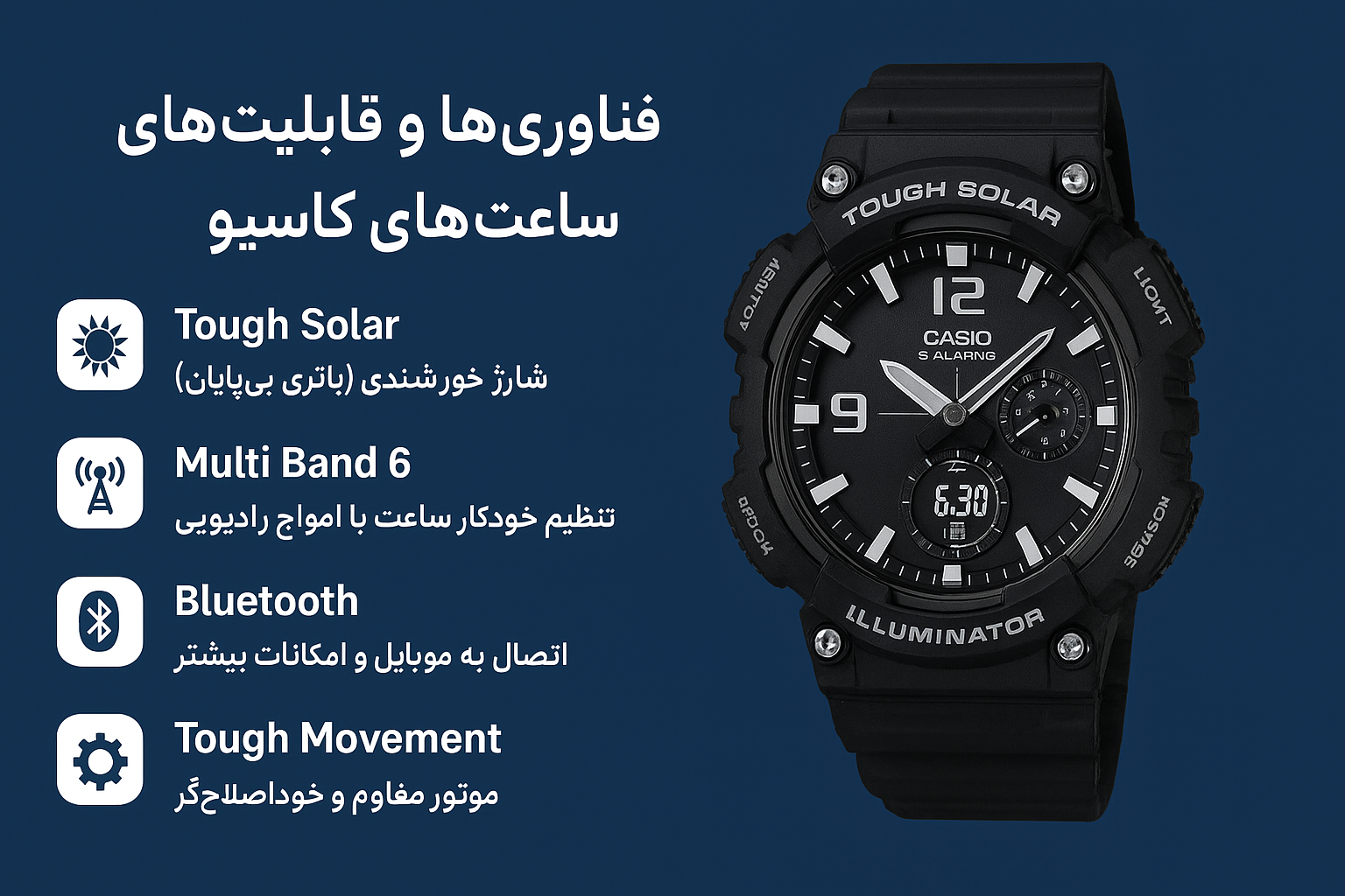 فناوری‌ها و قابلیت‌های خاص ساعت‌های کاسیو (Solar، رادیویی، بلوتوث و…)